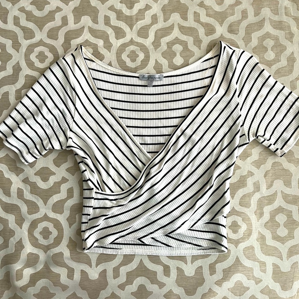 Criss cross white and black striped crop top